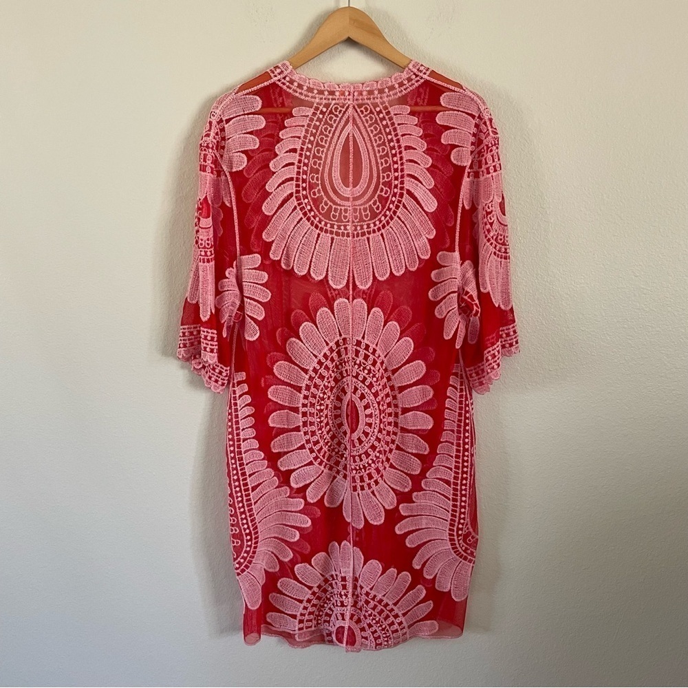 Ember Swimwear Cover-Up Embroidered Floral Kimono Duster Red Pink Size Medium - Picture 5 of 10